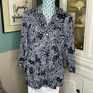 Karen Scott Women’s Button Down Top Blue and White Paisley Design Size XL